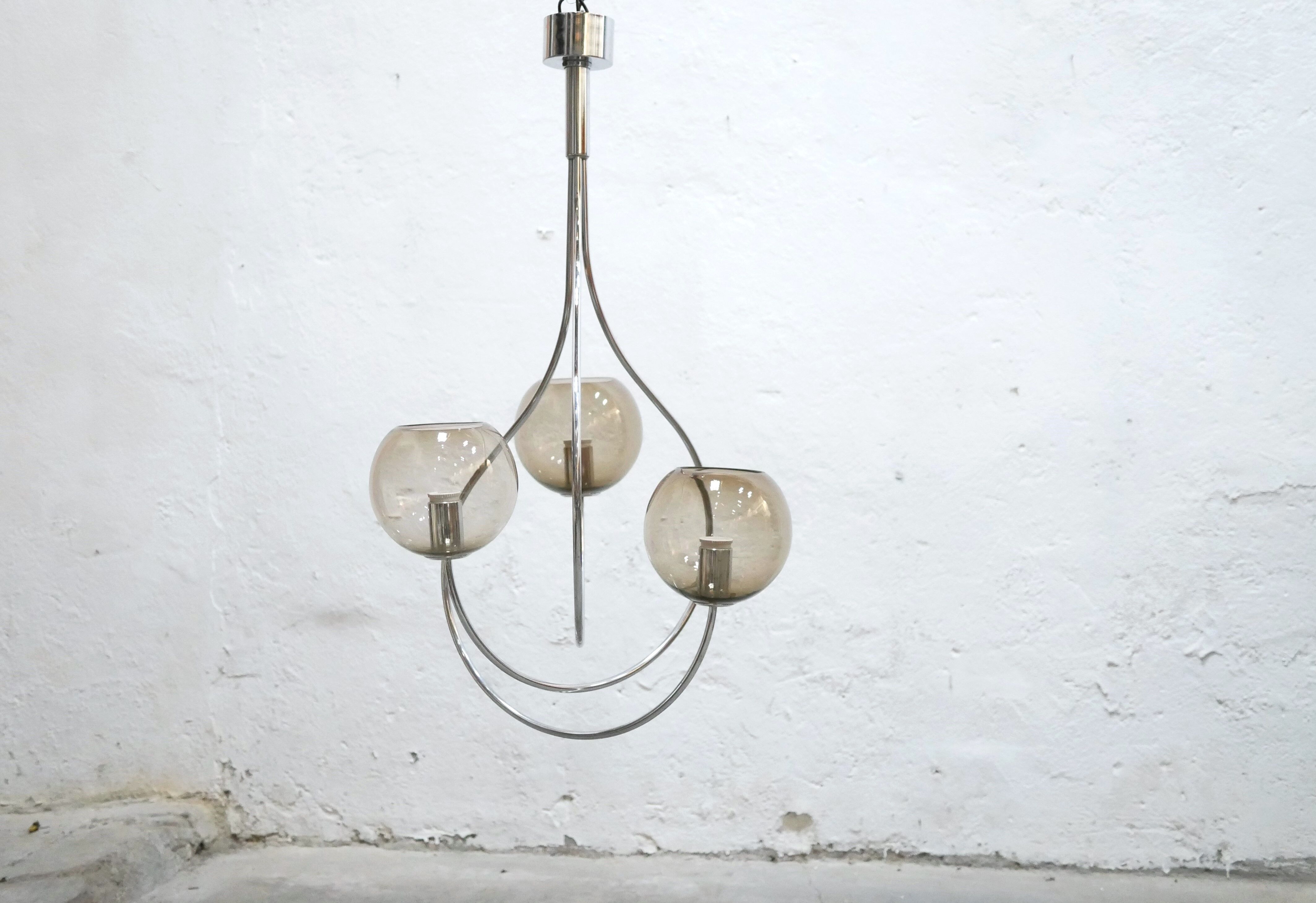 Vintage chandelier in chromed metal and smoked glass