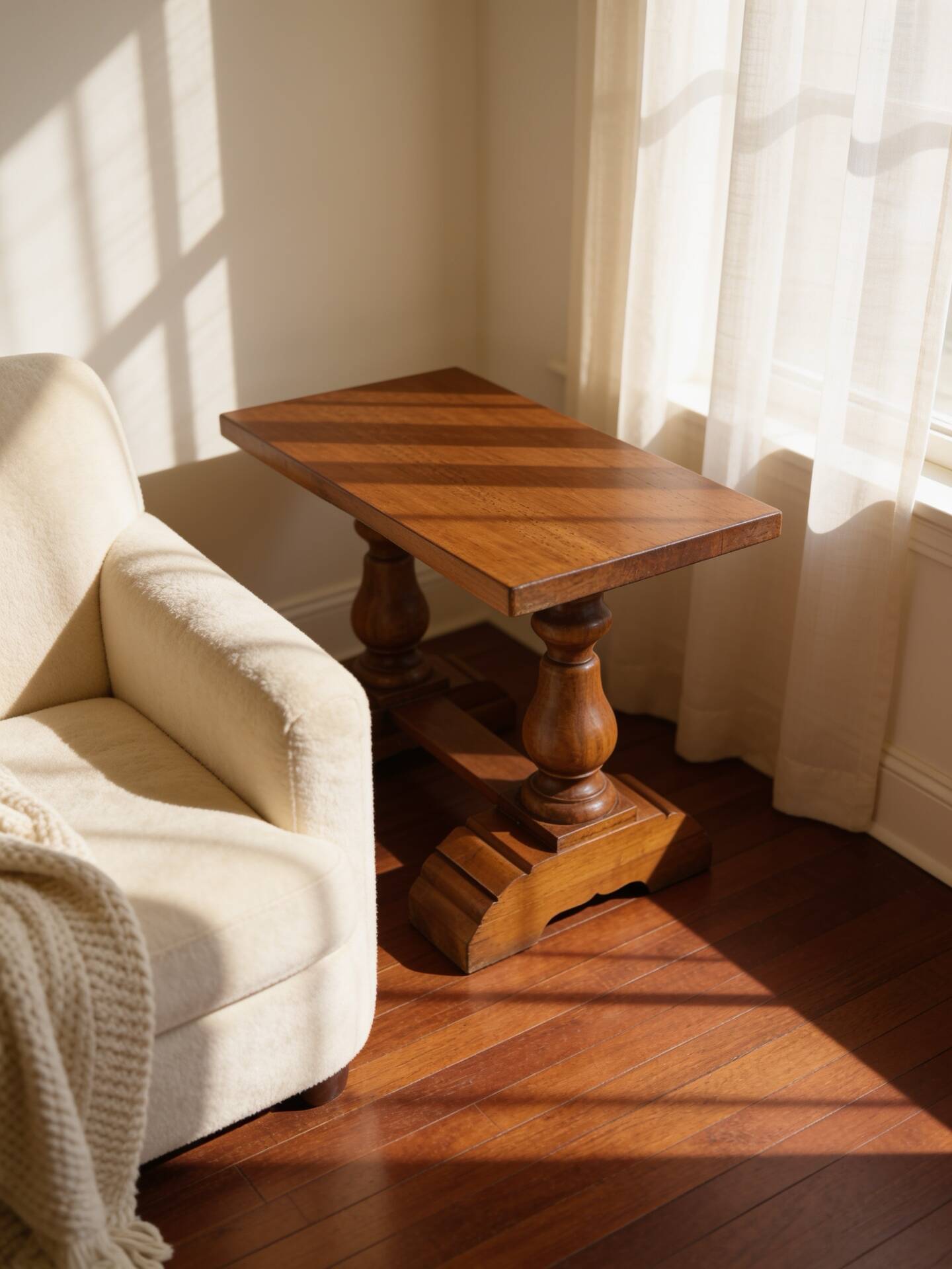 A small, rustic walnut wooden table, crafted from solid walnut wood, 1