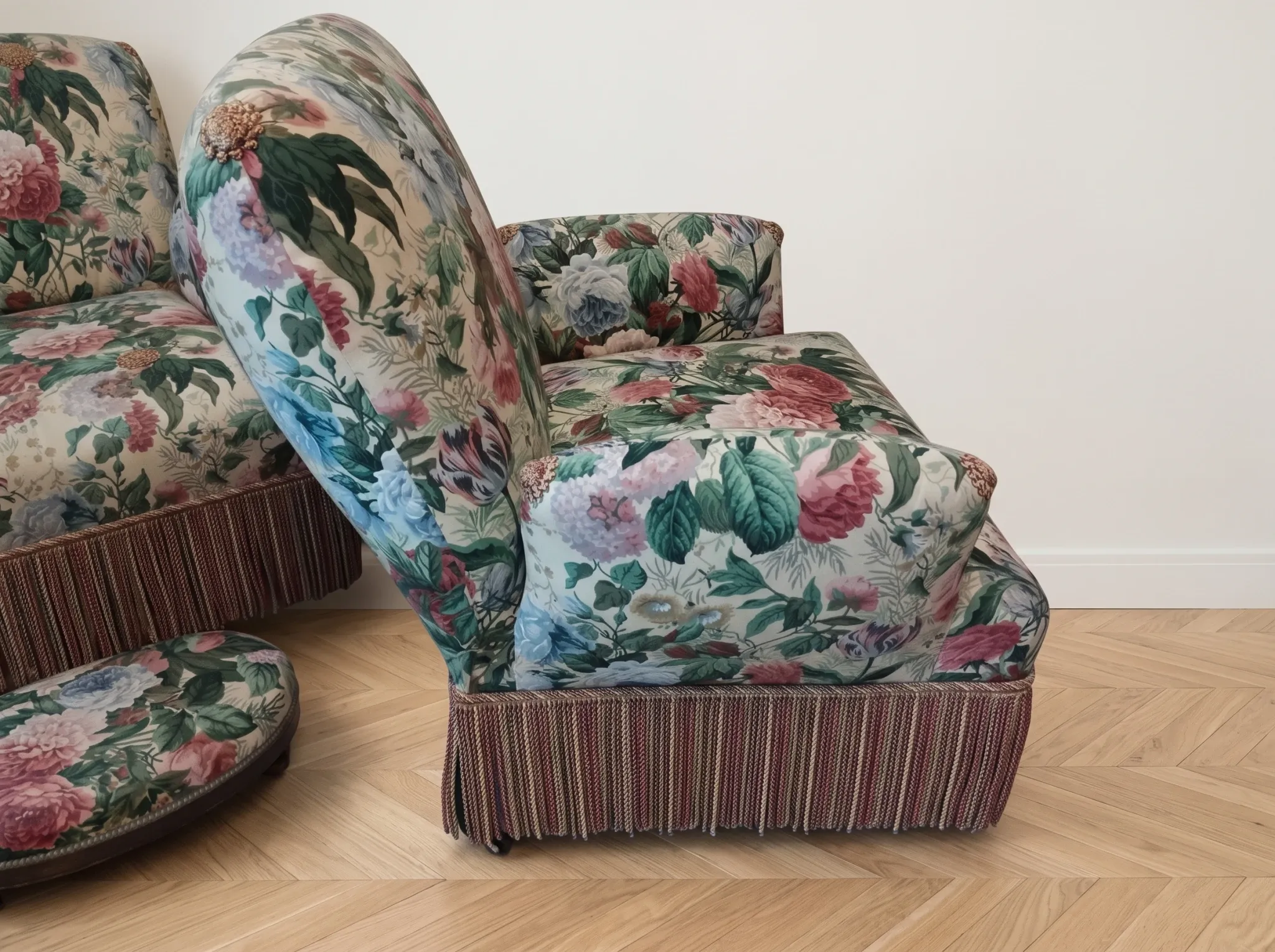 Set of 2 Napoleon III armchairs and footstool, floral fabric