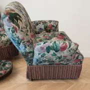 Set of 2 Napoleon III armchairs and footstool, floral fabric
