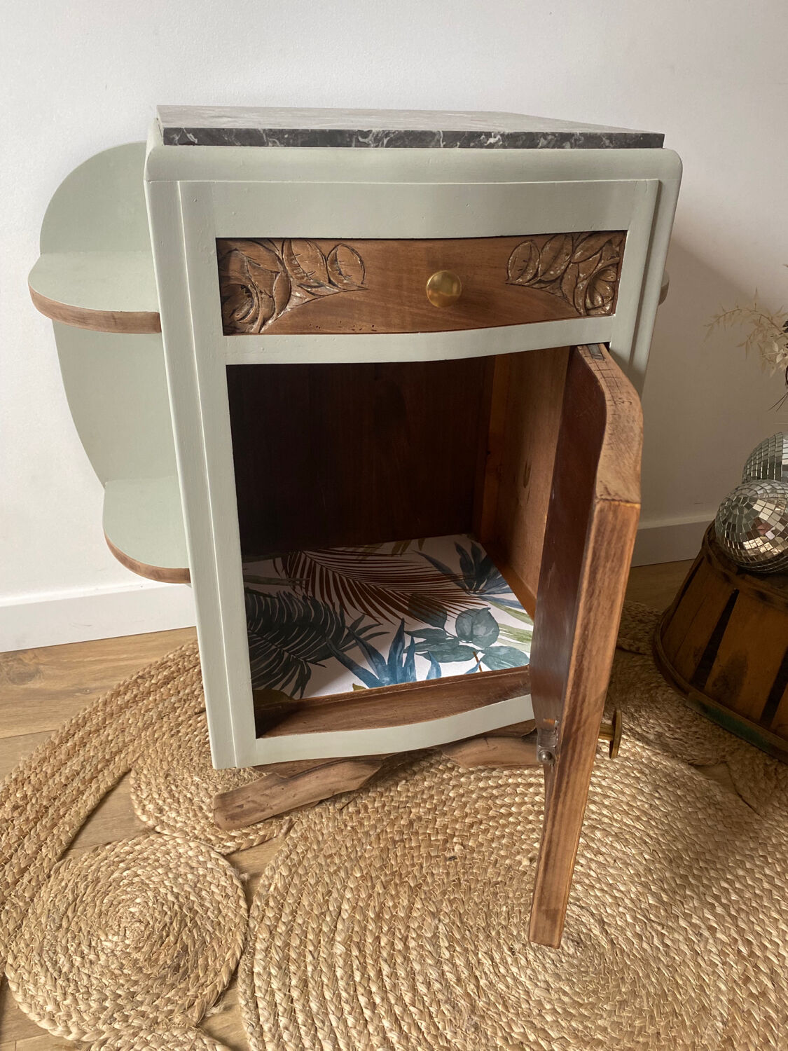 Pair of mismatched art deco bedside tables in green and wood