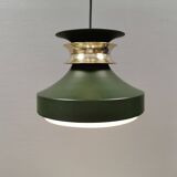 Hanging lamp in green lacquered metal with golden “ring” and bottom grille.