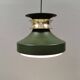 Hanging lamp in green lacquered metal with golden “ring” and bottom grille.