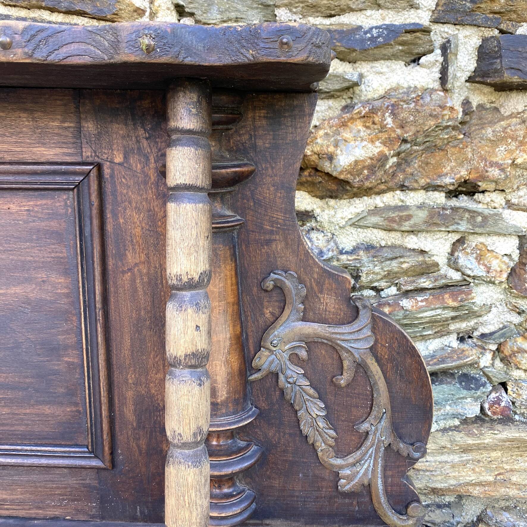 Large wall shelf with 2 wooden and brass shelves.