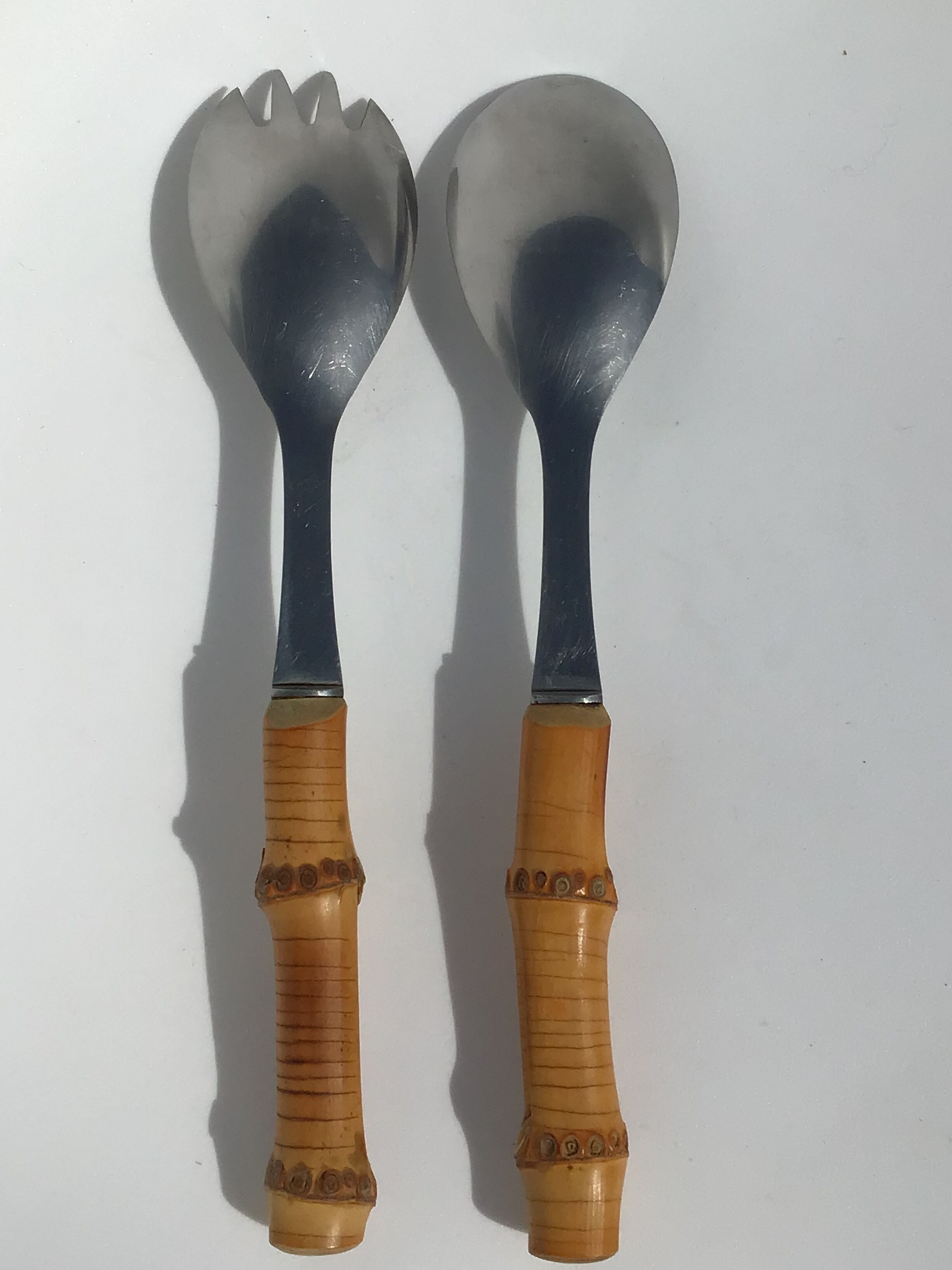 Salad cutlery in natural bamboo and stainless steel 70's