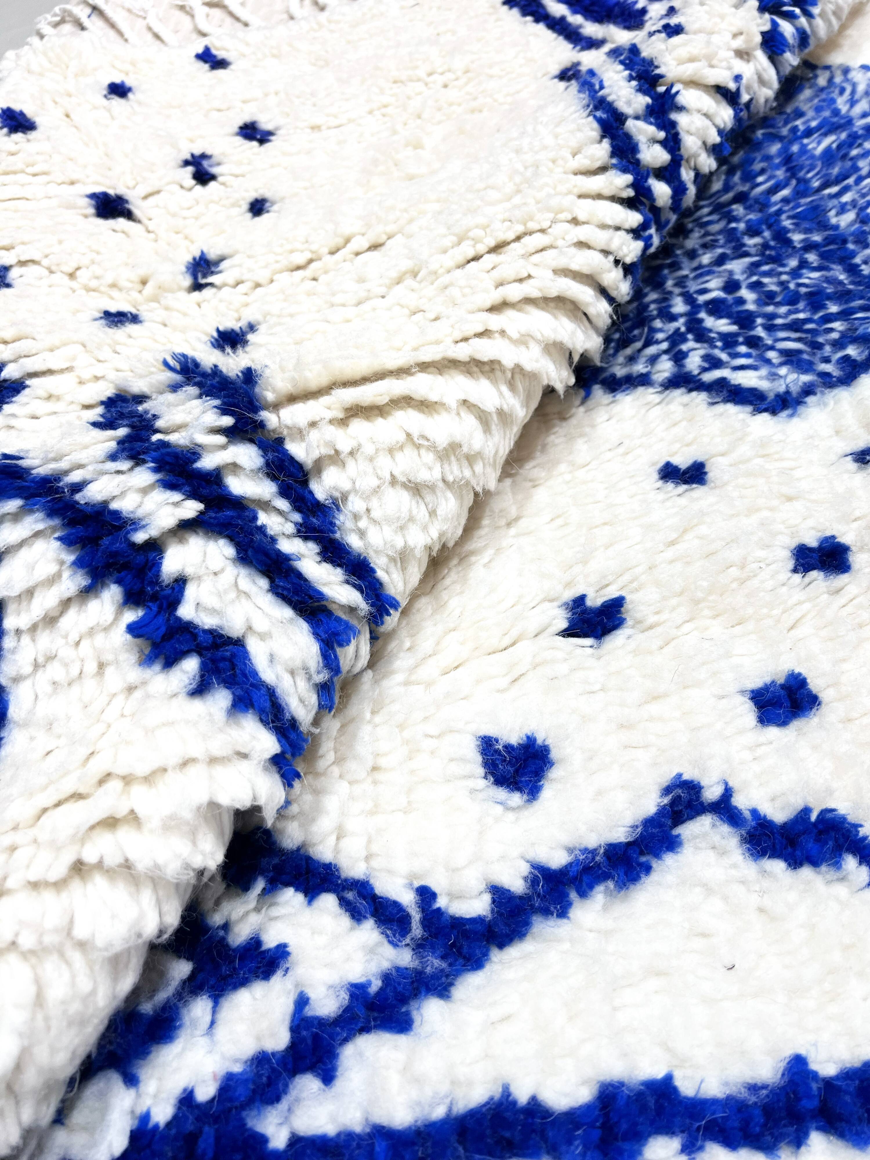 Azilal Moroccan Berber rug with Majorelle blue patterns, 2.42 x 1.50 m