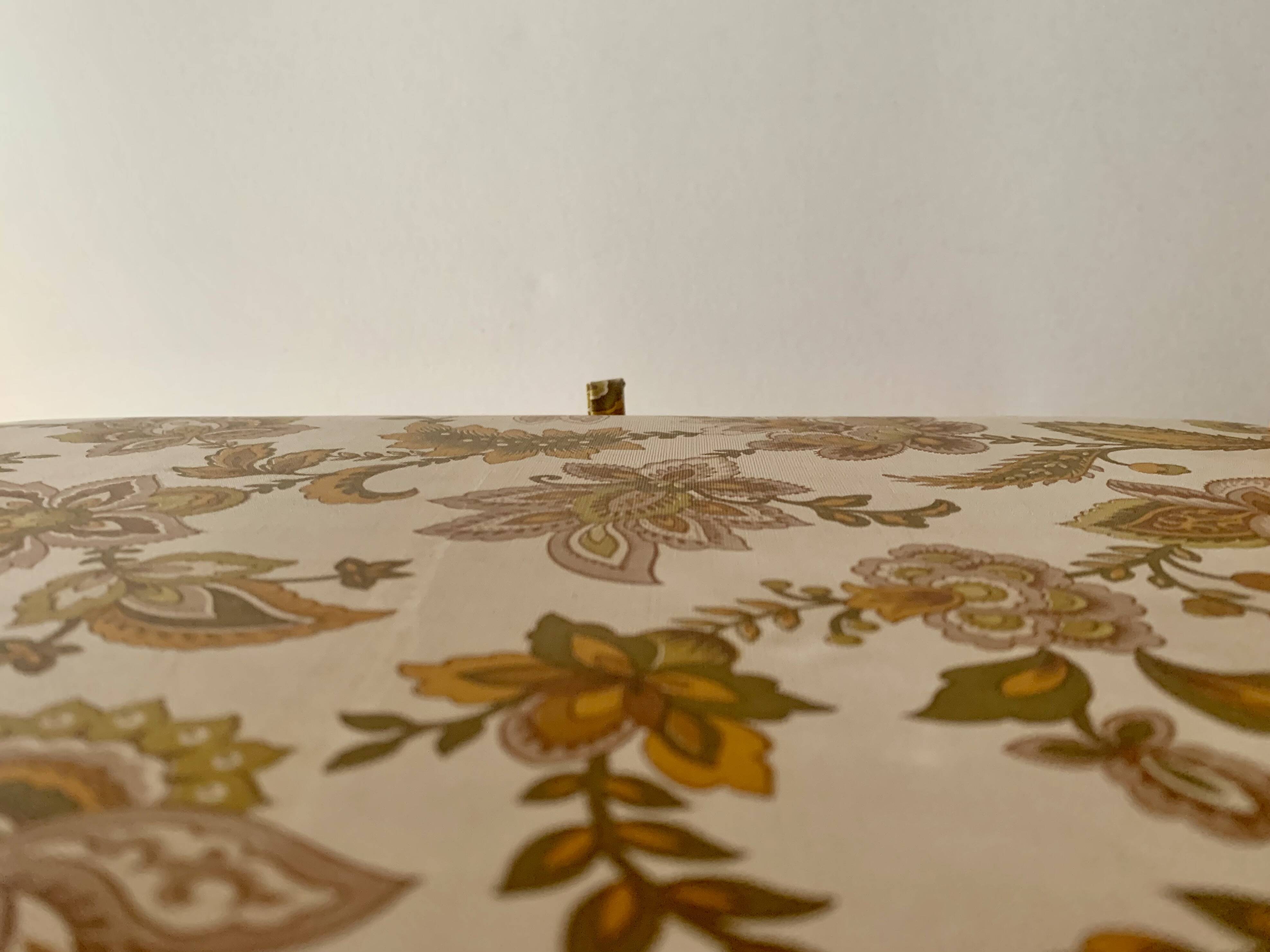 Large vintage rattan and wicker sewing basket with floral decor seat