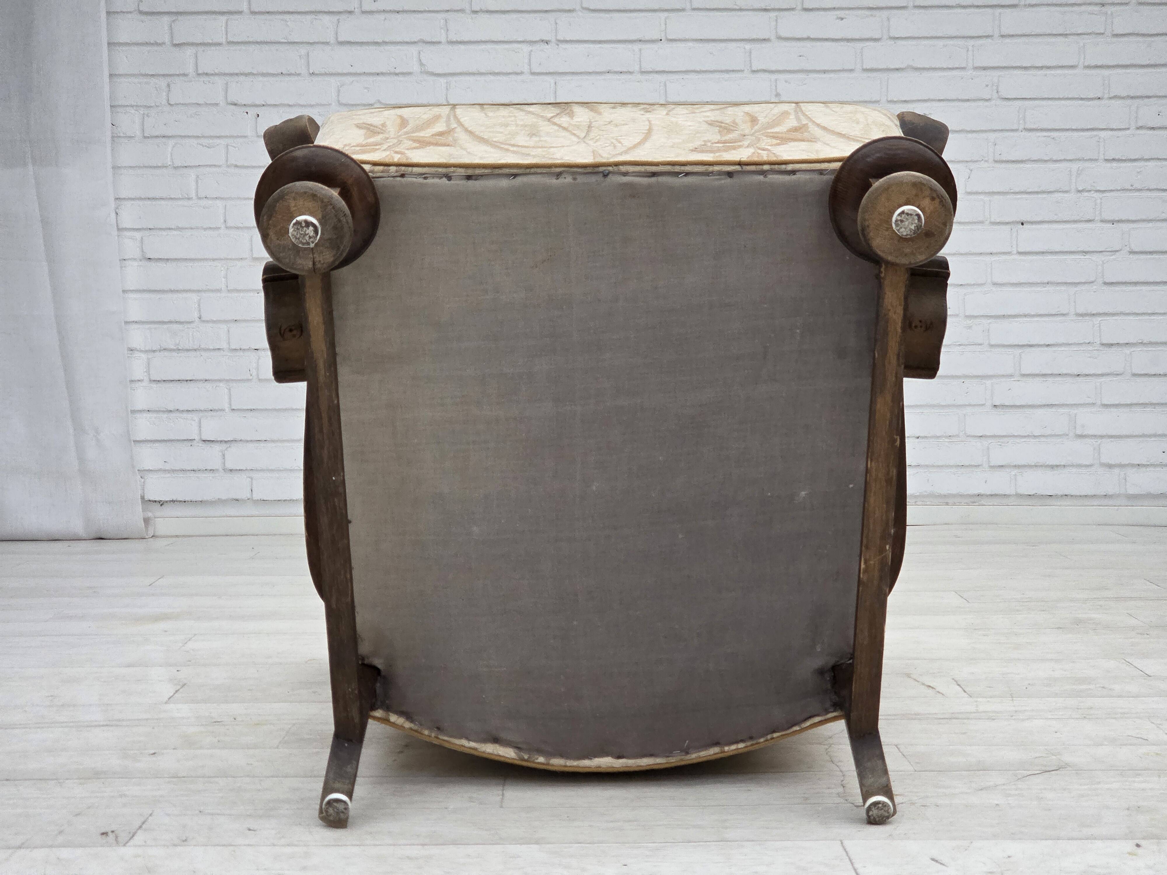 1960s, Danish armchair, beige/brown furniture fabric, carved oak wood.