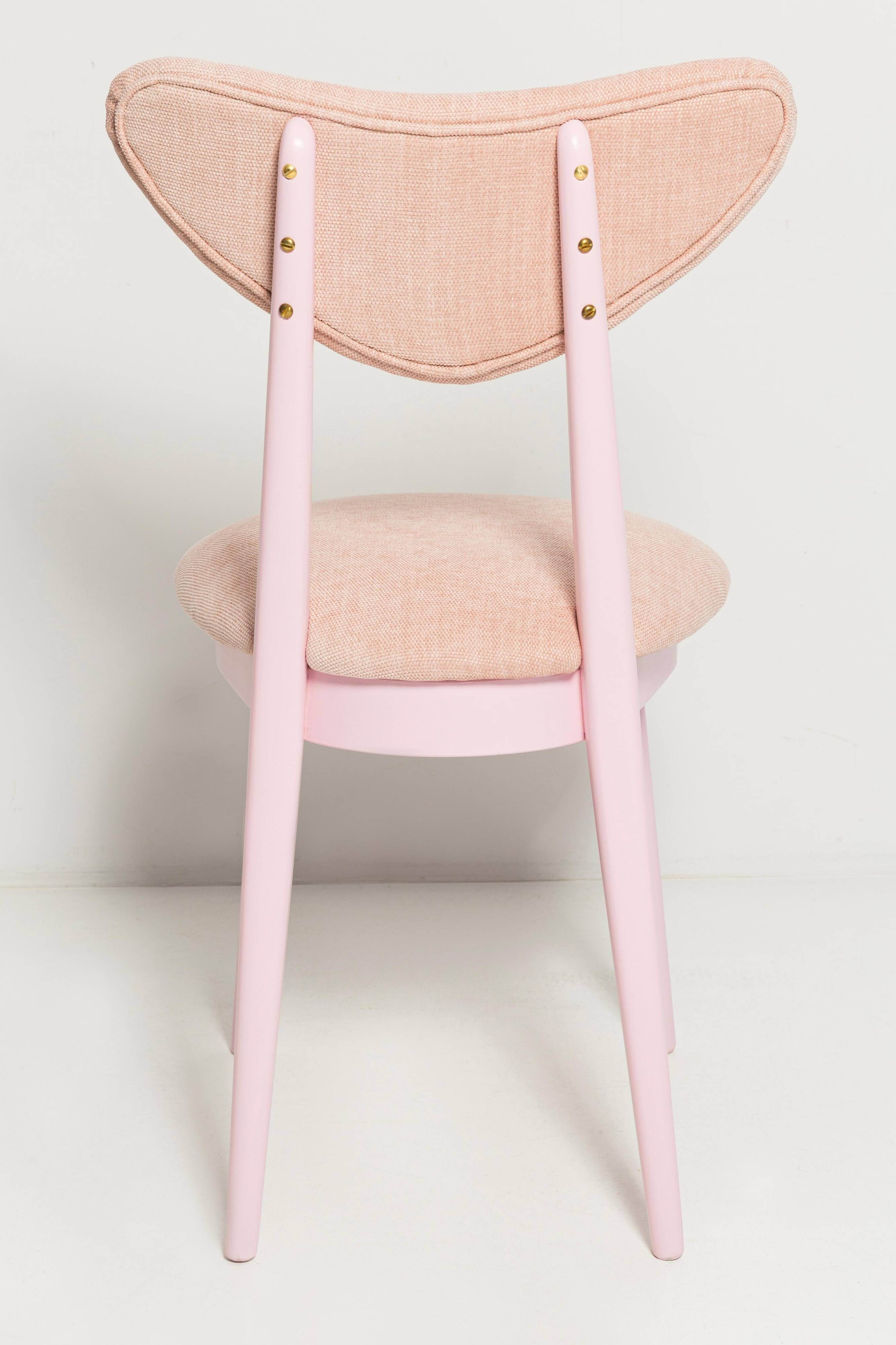 Mid-century heart-shaped chair, light pink chenille fabric, painted pink wood, Europe, 1960s.