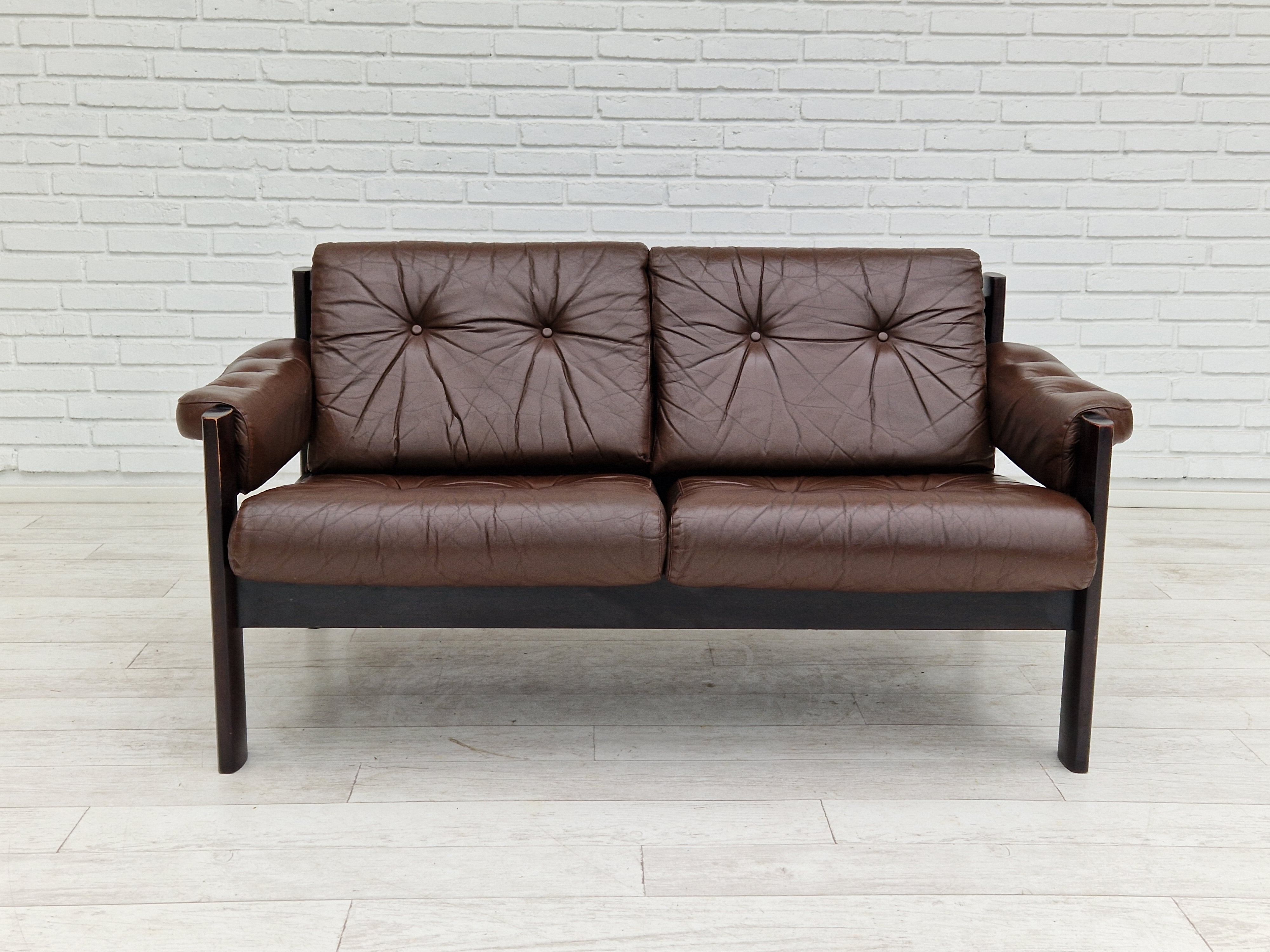 Scandinavian 2-seater sofa, original brown leather, 70s
