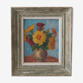 Table bouquet of flowers, oil on isorel