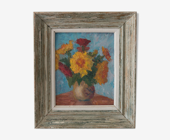 Tableau bouquet de fleurs, huile sur isorel