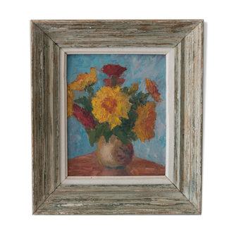 Table bouquet of flowers, oil on isorel