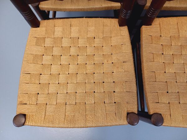 Suite de 6 chaises vintage Arts & Crafts style Antonio Calligaris en bois de chêne corde années 50