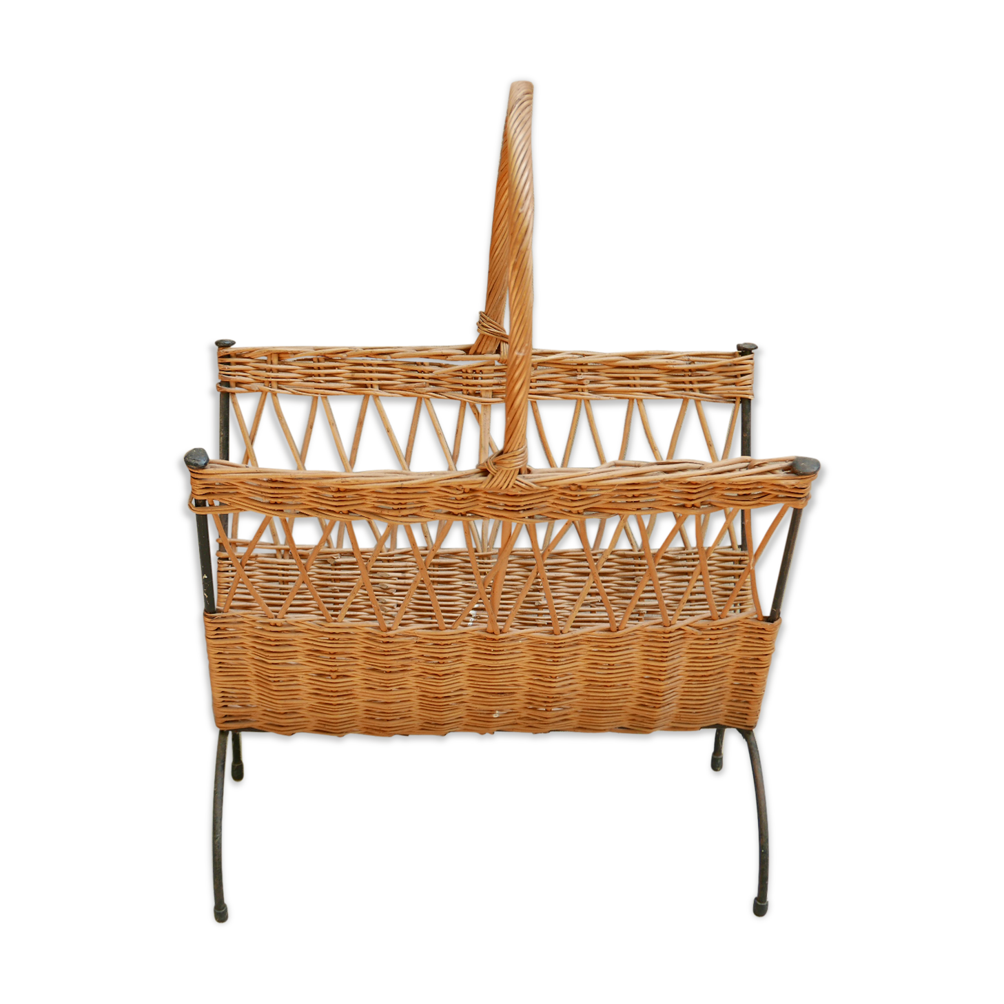 Magazine rack, iron and wicker 60 years
