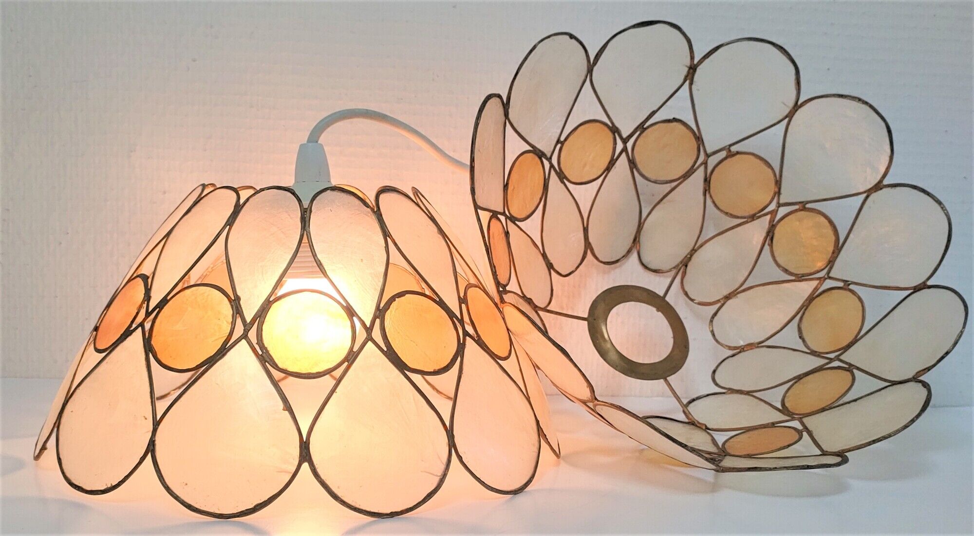 Pair of Capiz mother-of-pearl lampshade and vintage gilded metal