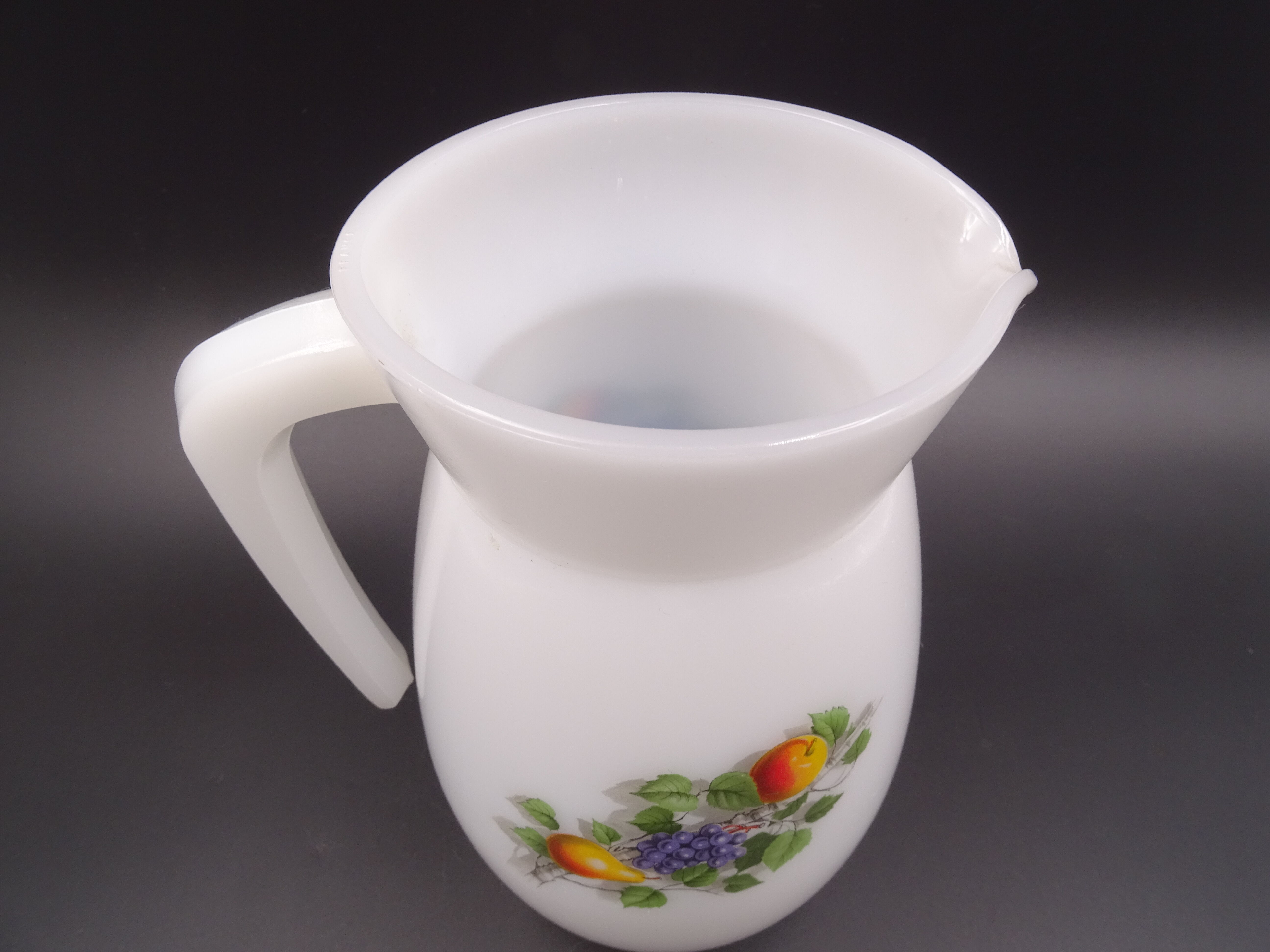 Pitcher or broc in opaline Arcopal fruit décor 1970