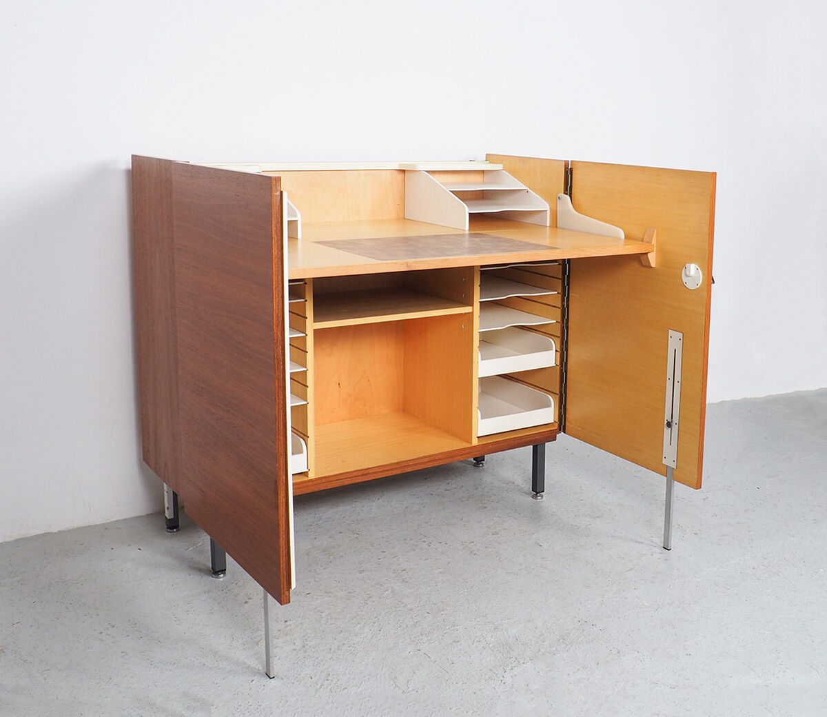 Vintage teak desk in cabinet, 1960s