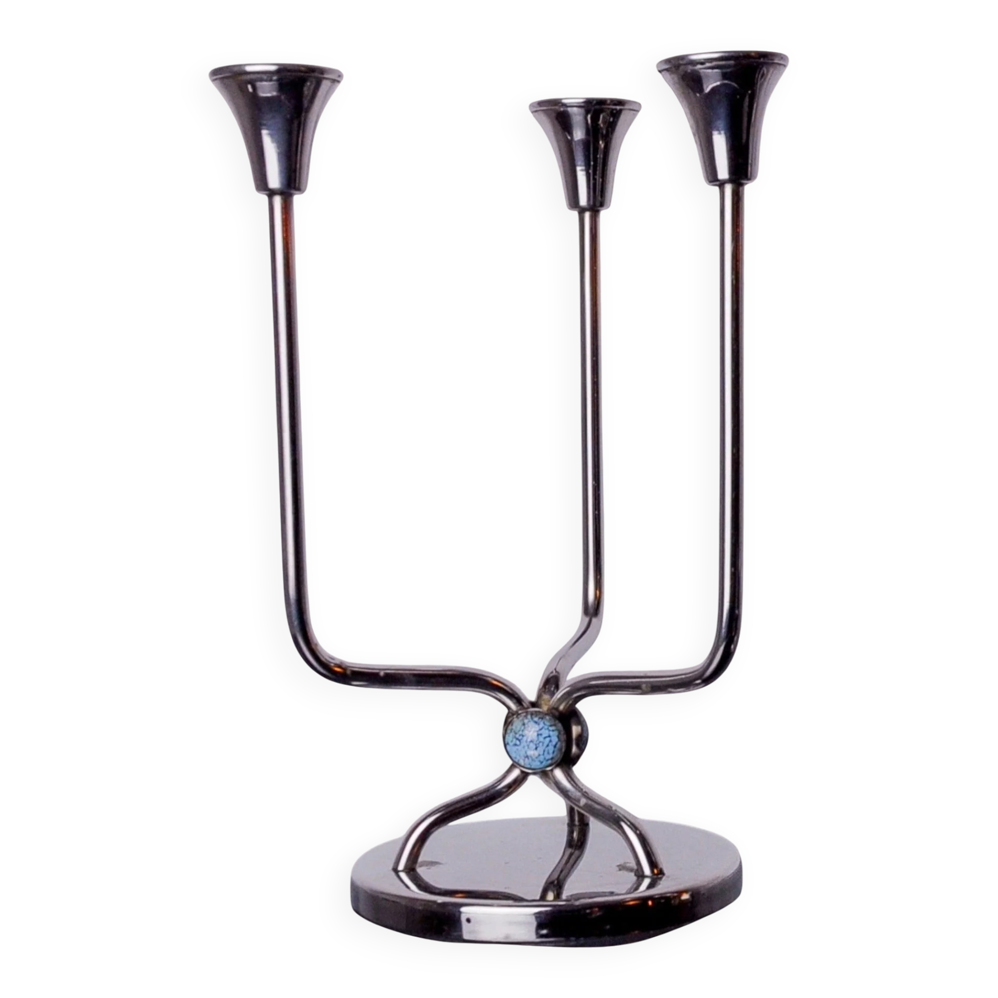 Art deco candlestick in stainless steel, 3 flames and blue stones, Spain, 1970