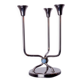 Art deco candlestick in stainless steel, 3 flames and blue stones, Spain, 1970