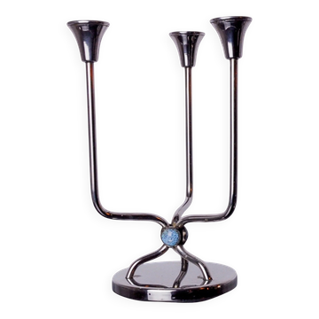 Art deco candlestick in stainless steel, 3 flames and blue stones, Spain, 1970