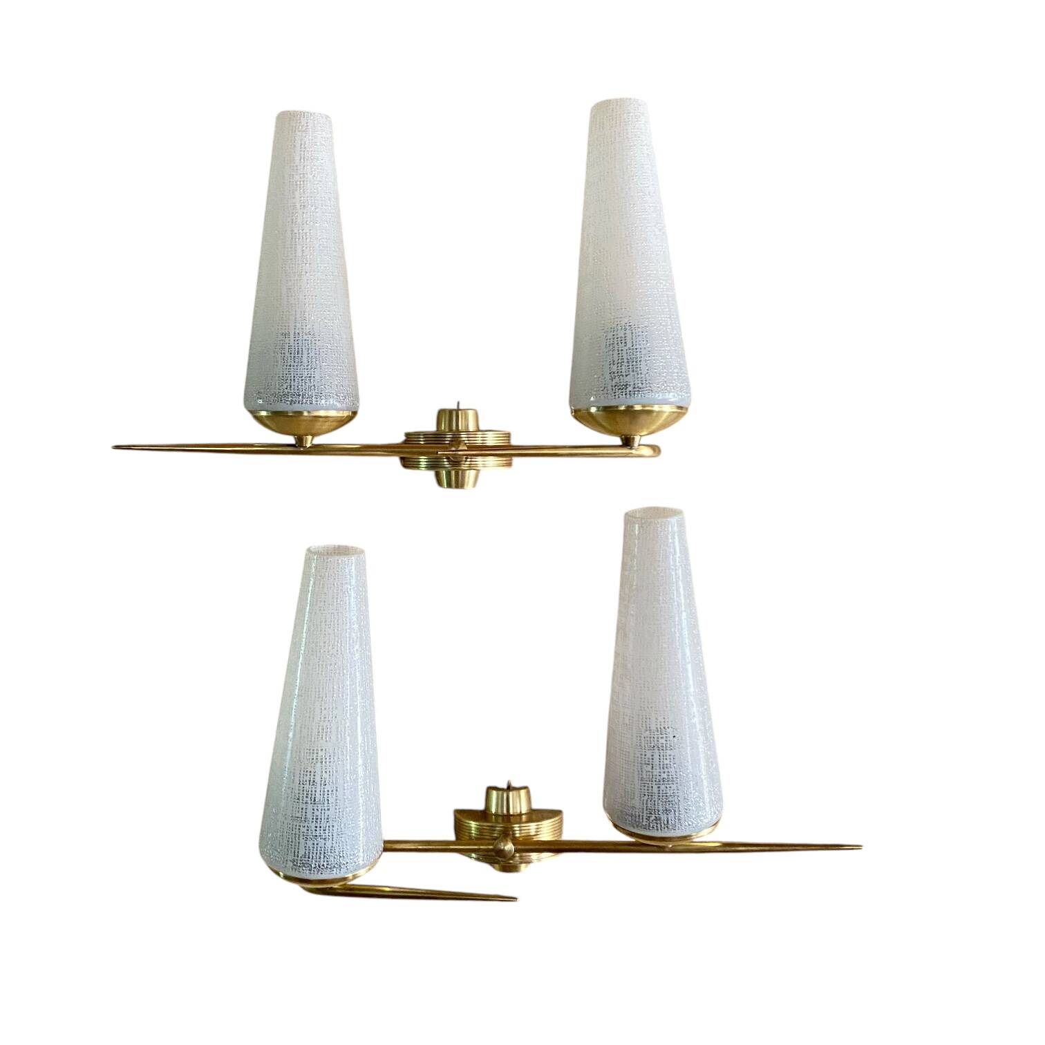 Pair of vintage double wall lights in brass with white ribbed glass tulips.