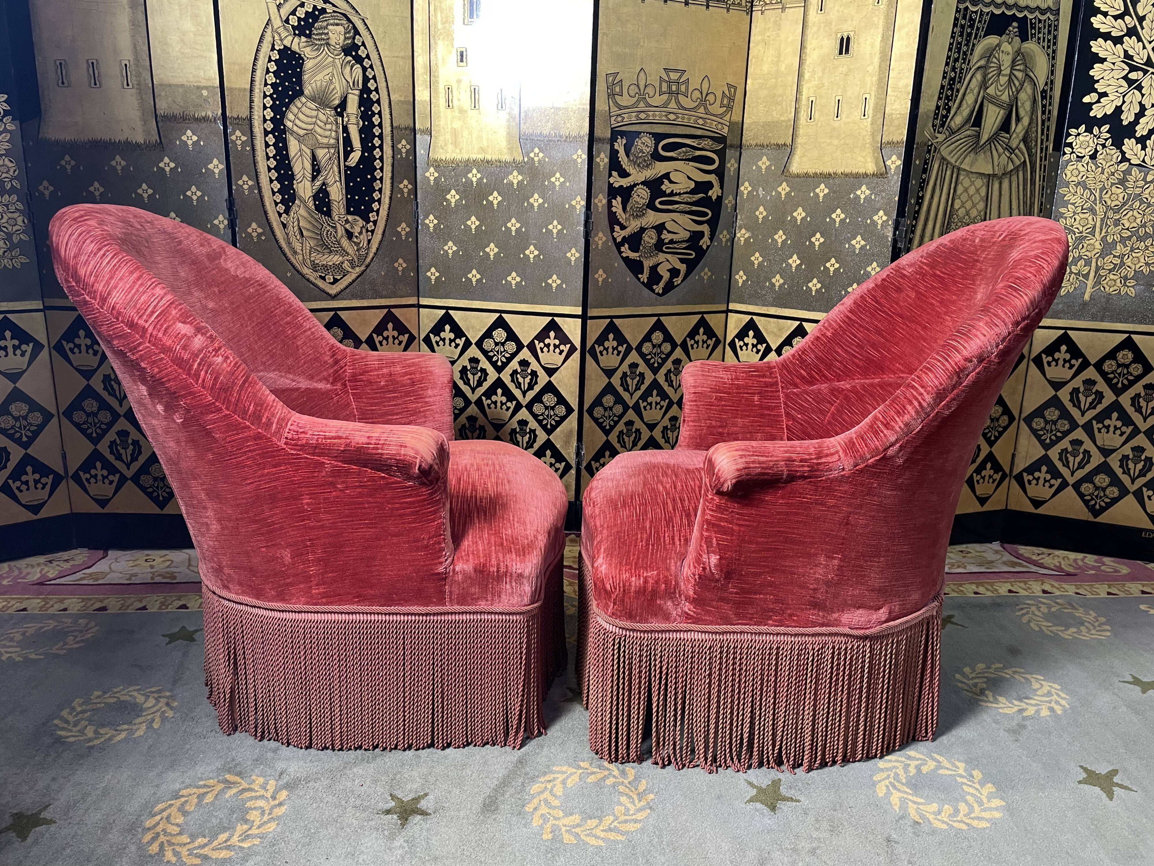 Pair of red velvet toad armchairs