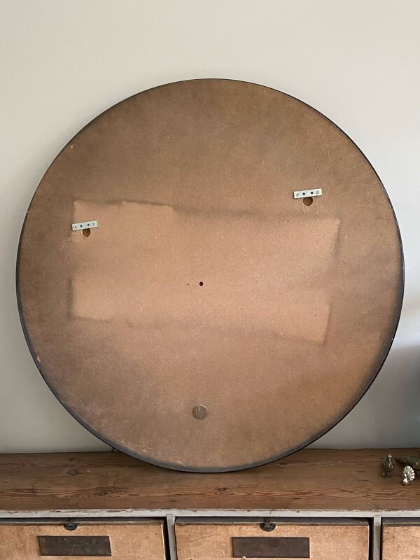 Miroir rond diamètre 90 cm monté sur panneau MDF, entourage teinté noir