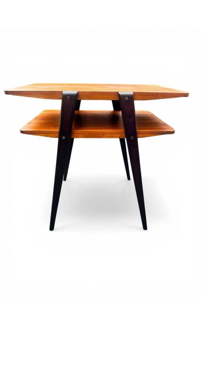 Table d’appoint / chevet scandinave à double plateau Suède 1960