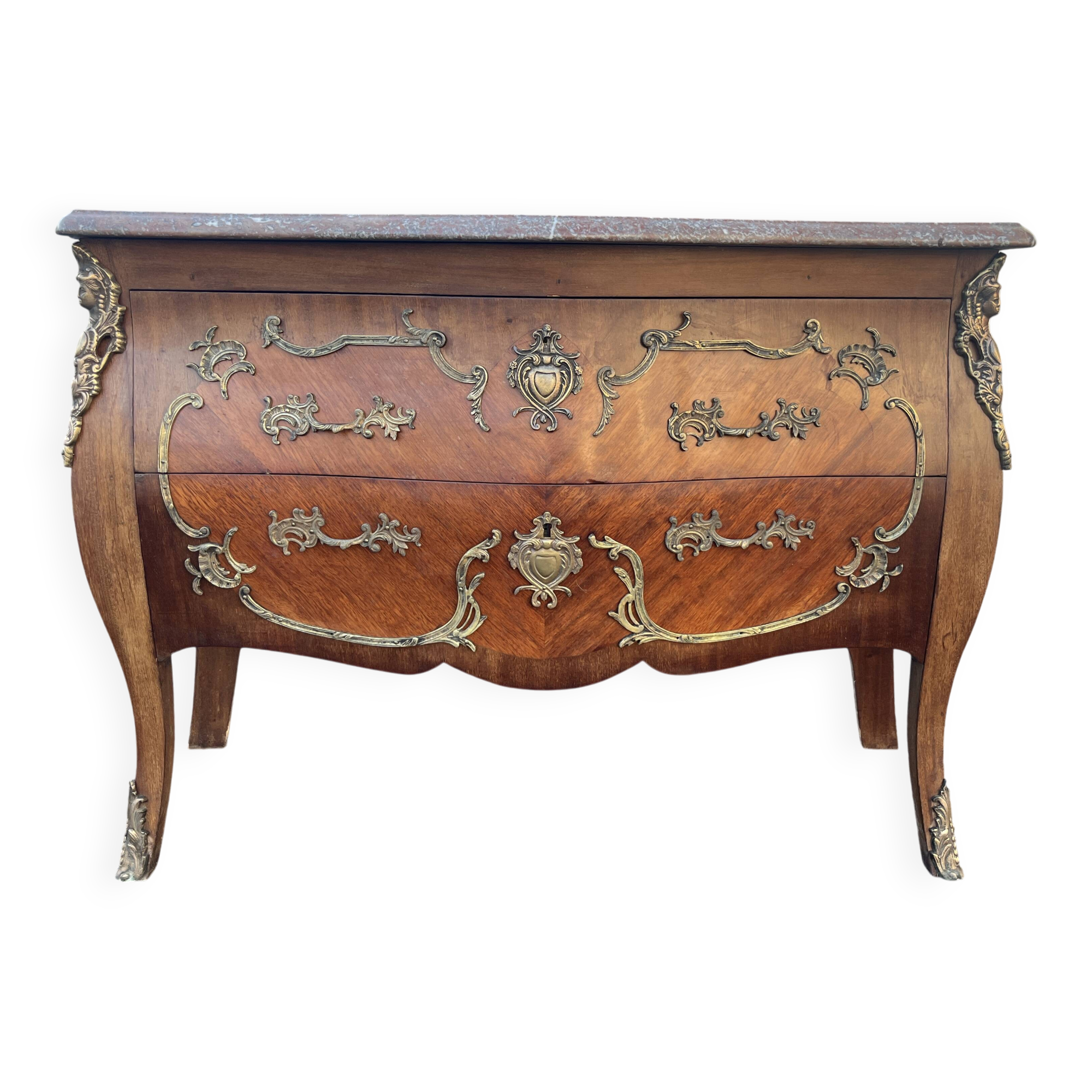 Commode Style Louis XV – 2 Tiroirs Bombés – Bois Marqueterie et Bronze