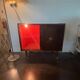 Large vintage bar cabinet from the 50s/60s – illuminated, sliding doors, on wheels.