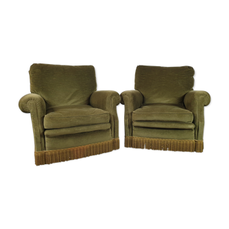 Pair of green velvet green armchair with fringes