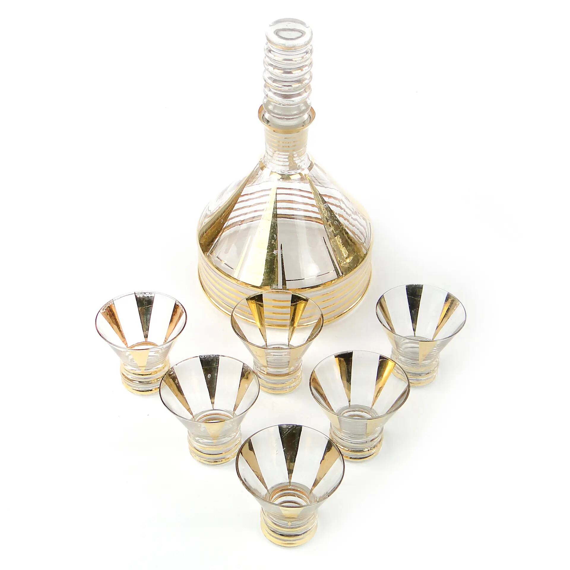 Mid-century modern liqueur set, clear gilded glass, Kamenický Šenov, Czechoslovakia, 1950s