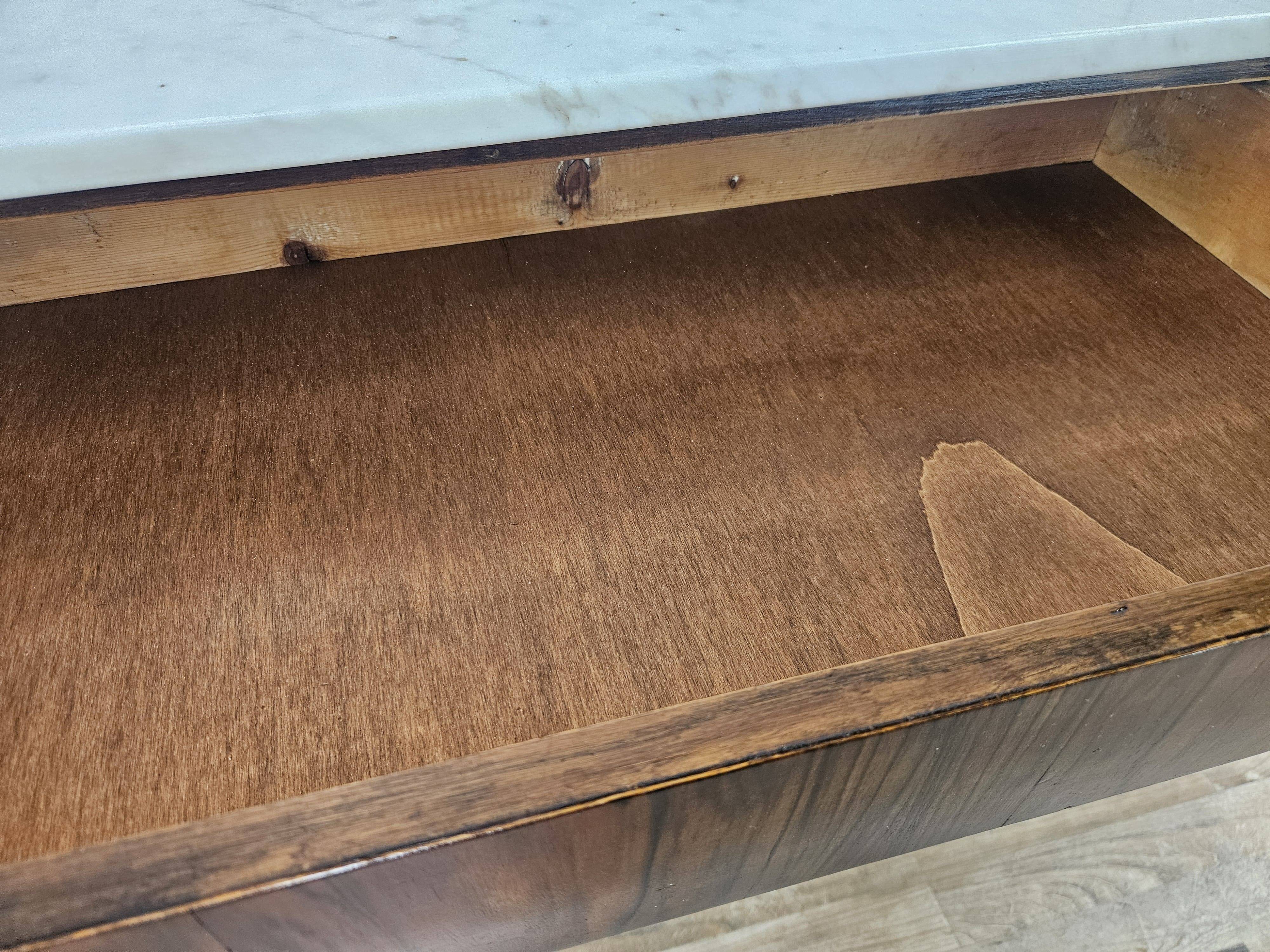Mahogany burl dressing table with white marble top