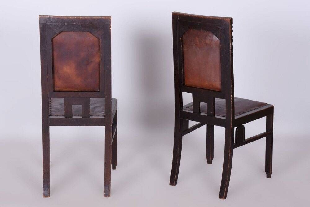 Czech Cubist Chairs in Oak and Red Leather by Josef Gočár, 1910s, Set of 4