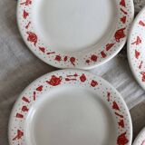 4 vintage porcelain dessert plates with red border and breakfast motif