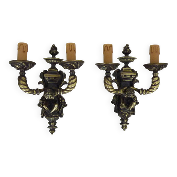 Pair of Satyr wall lights in bronze Napoleon III 19th century