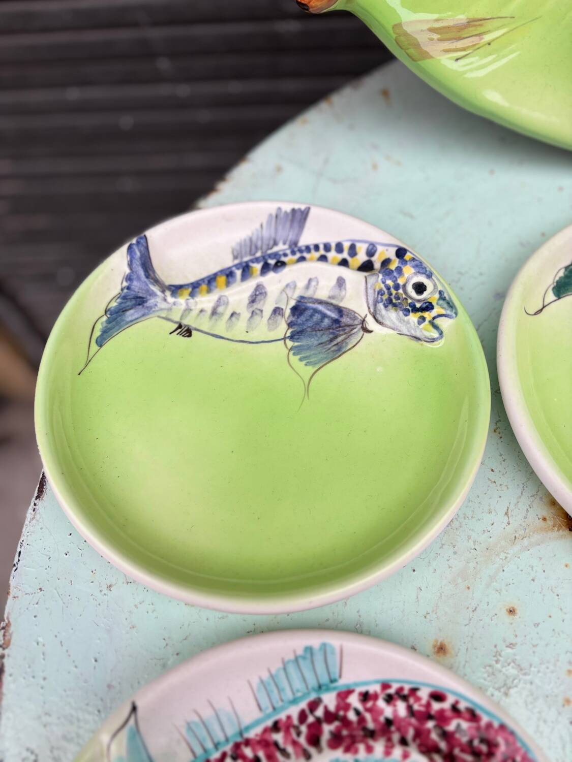 Vintage Vallauris ceramic dinnerware set. Fish design. 1960s