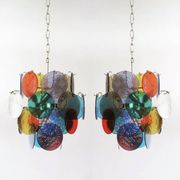 Pair of 4-light hanging chandeliers in Murano glass, Italy, 1980s.