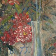 Still life with pink flowers and blue pots.