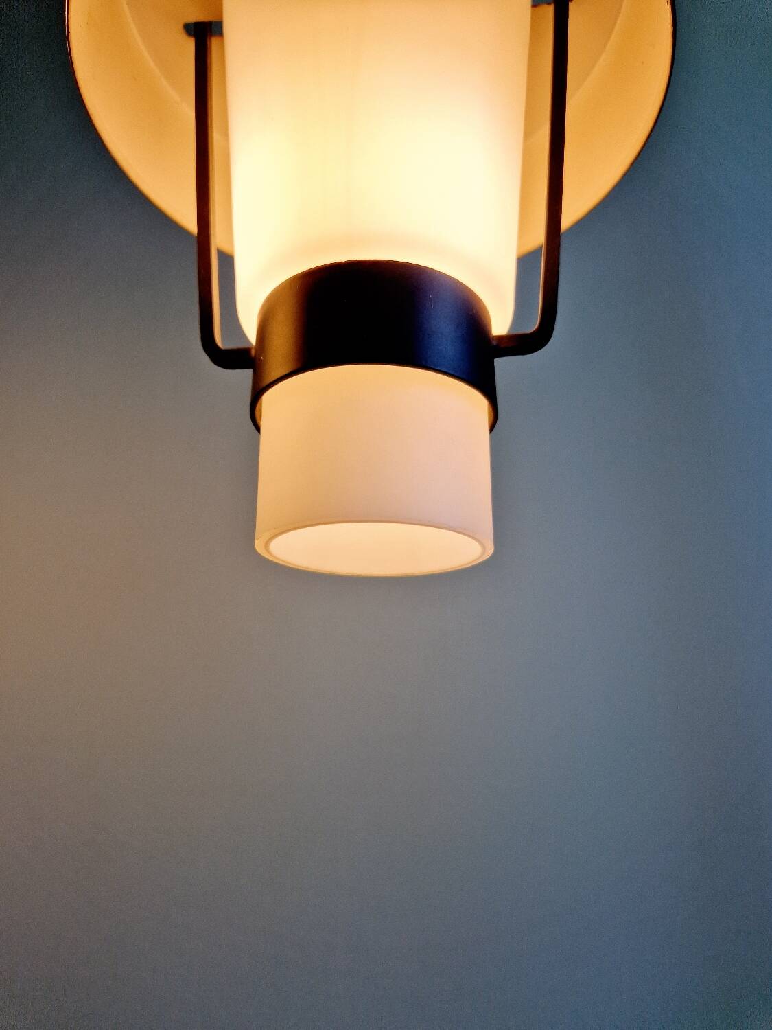 Trio of Scandinavian pendant lights in opaline and copper metal, 1960s