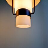 Trio of Scandinavian pendant lights in opaline and copper metal, 1960s