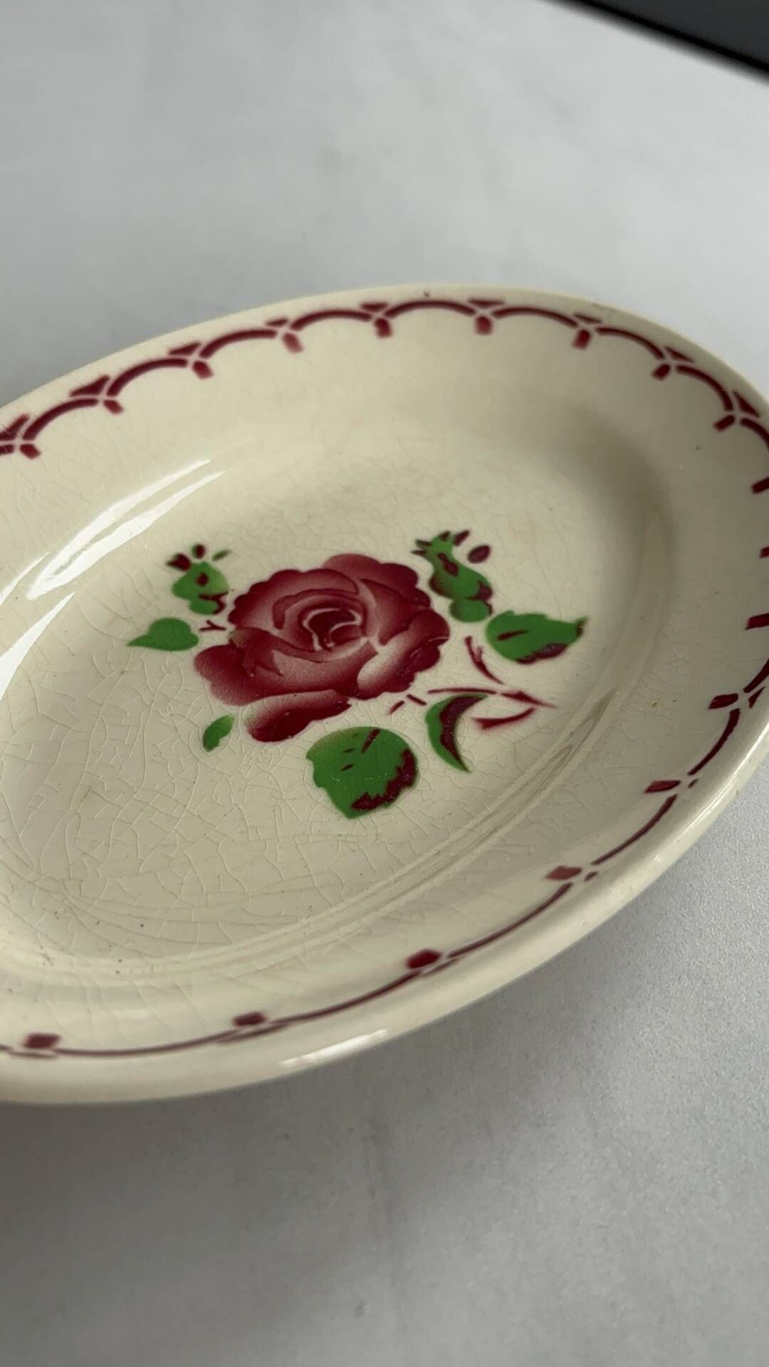 Oval Ravier Badonviller in vintage earthenware, vintage pink red dish.
