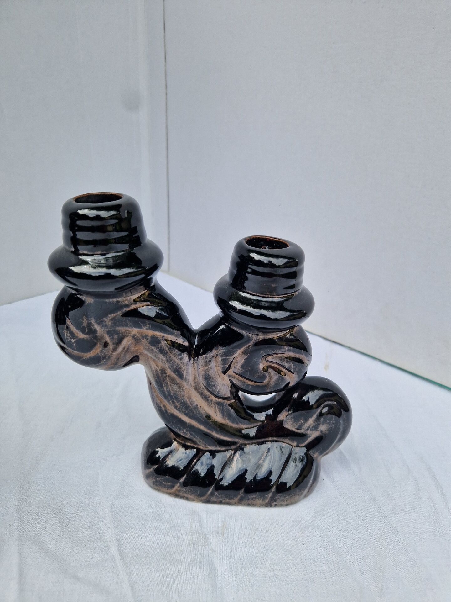 Set of 2 vintage two-light candle holders in Vallauris ceramic design.