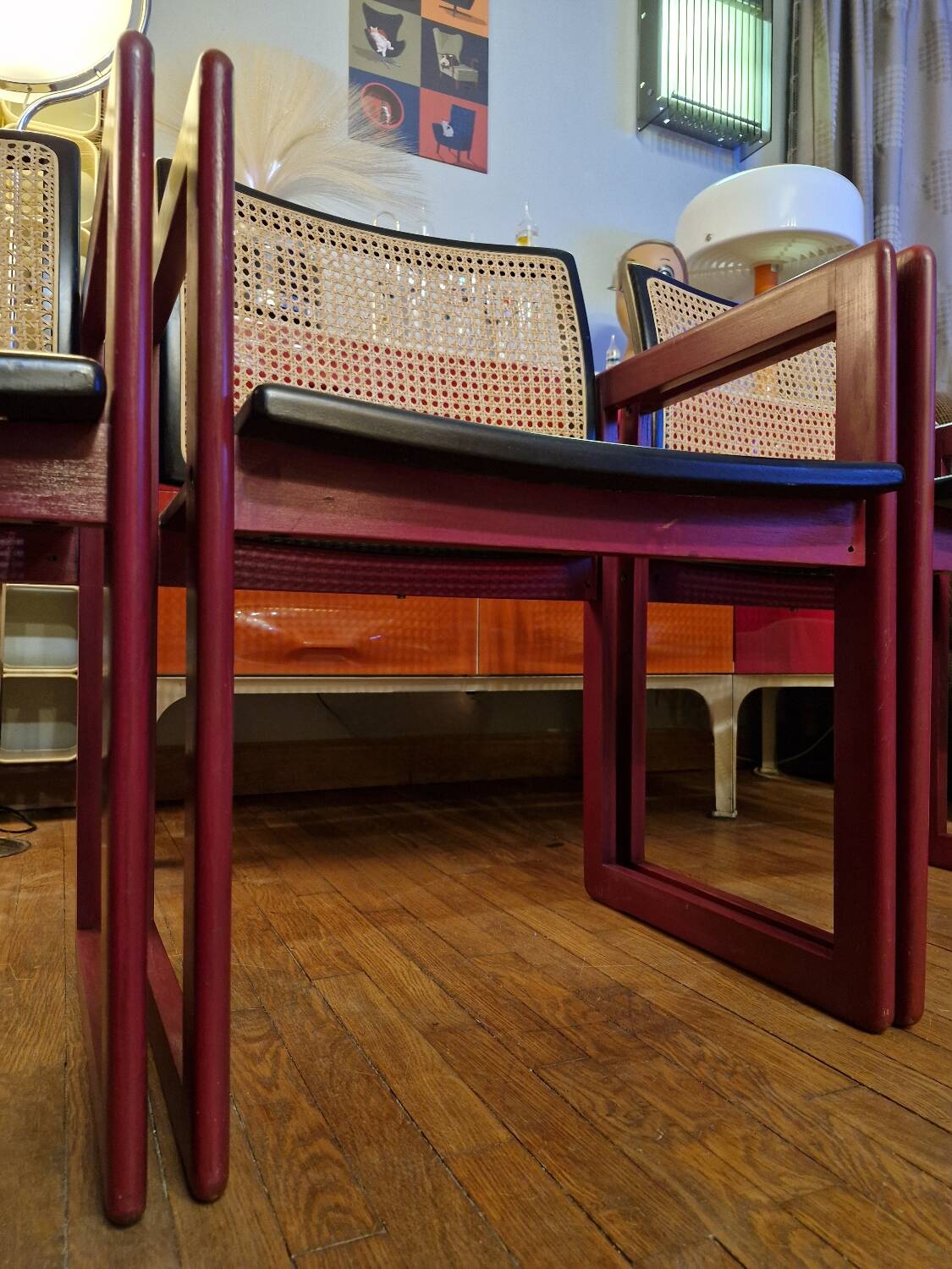 Pascal Mourgue rare set of 3 caned sleigh armchairs in lacquered wood for vintage 80s triconfort