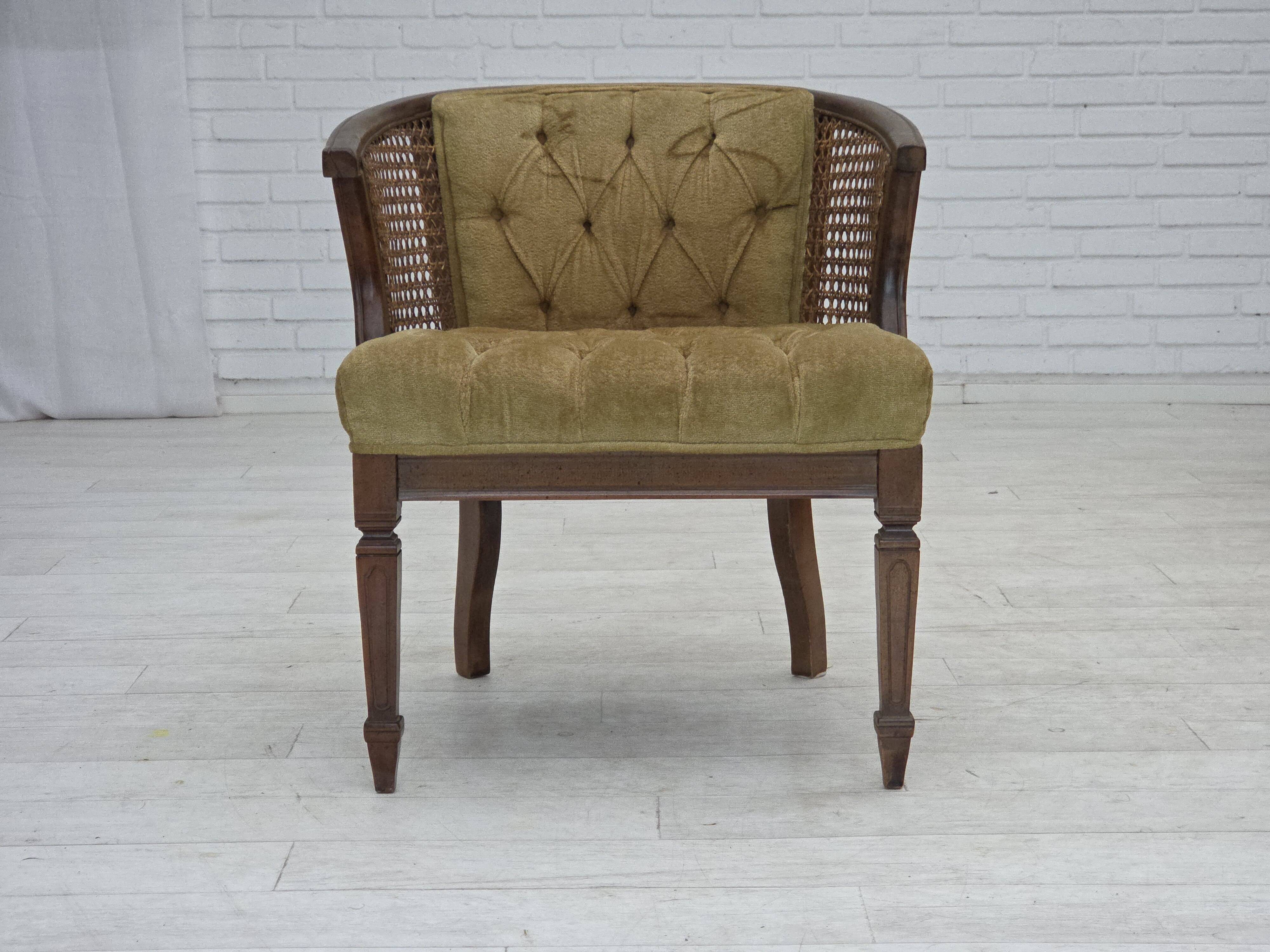 1950s, Danish easy chair, furniture velour, furniture mesh, oak wood.