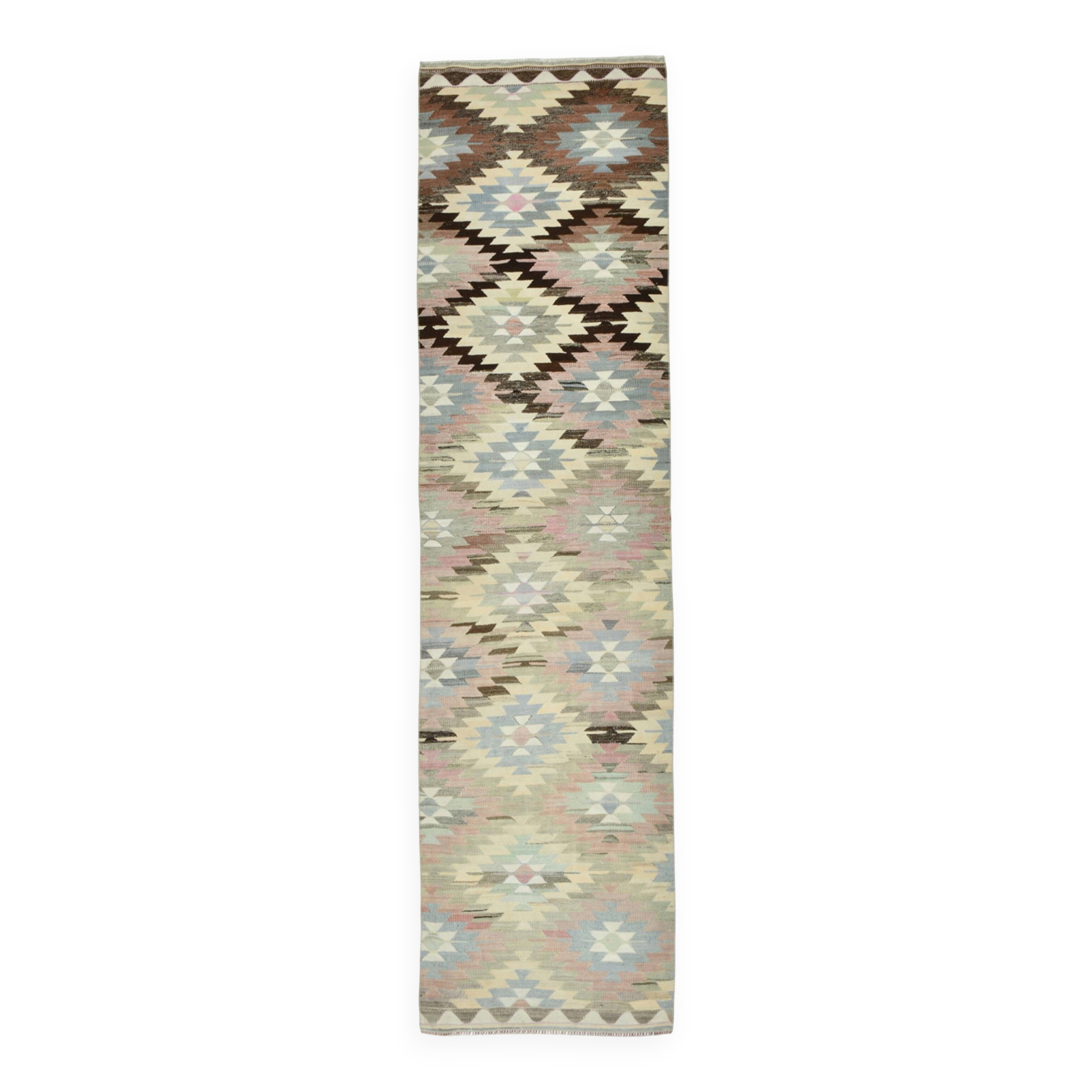 3x10 Cream & Brown Vintage Kilim Runner Rug, 81x306Cm