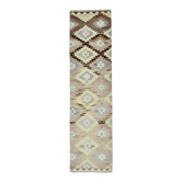 Tapis couloir vintage Kilim crème et marron 3x10, 81x306 cm