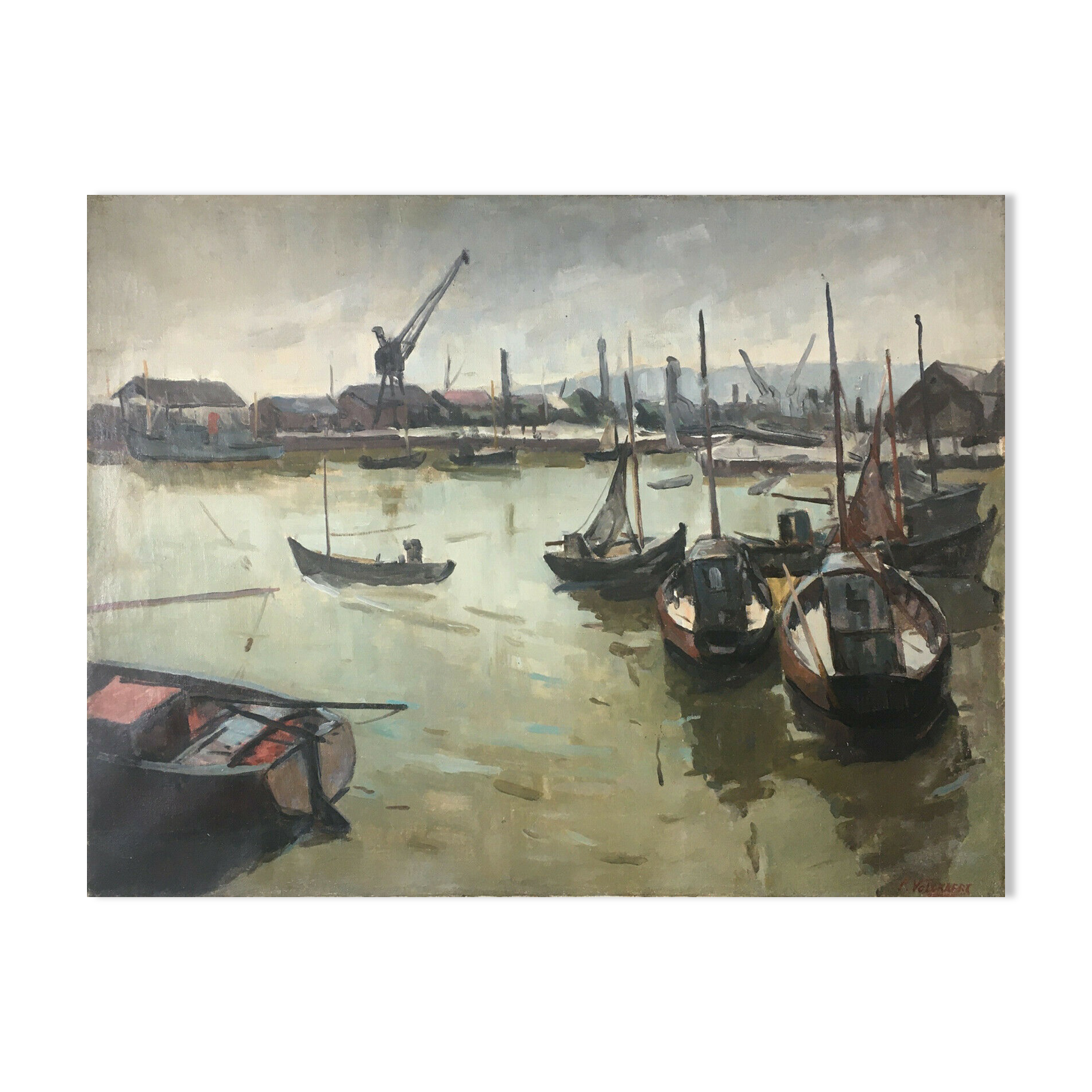 Painting Piet VOLCKAERT (1902-1973) HST Docked boats with urban marine crane