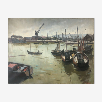 Painting Piet VOLCKAERT (1902-1973) HST Docked boats with urban marine crane